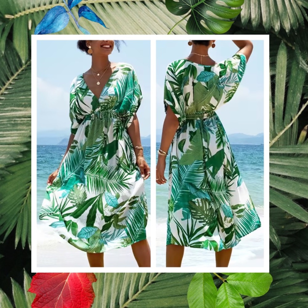 Cupshe Whitley Tropical Resort Pool Vacation Beach Leaf V-Neck Dress
